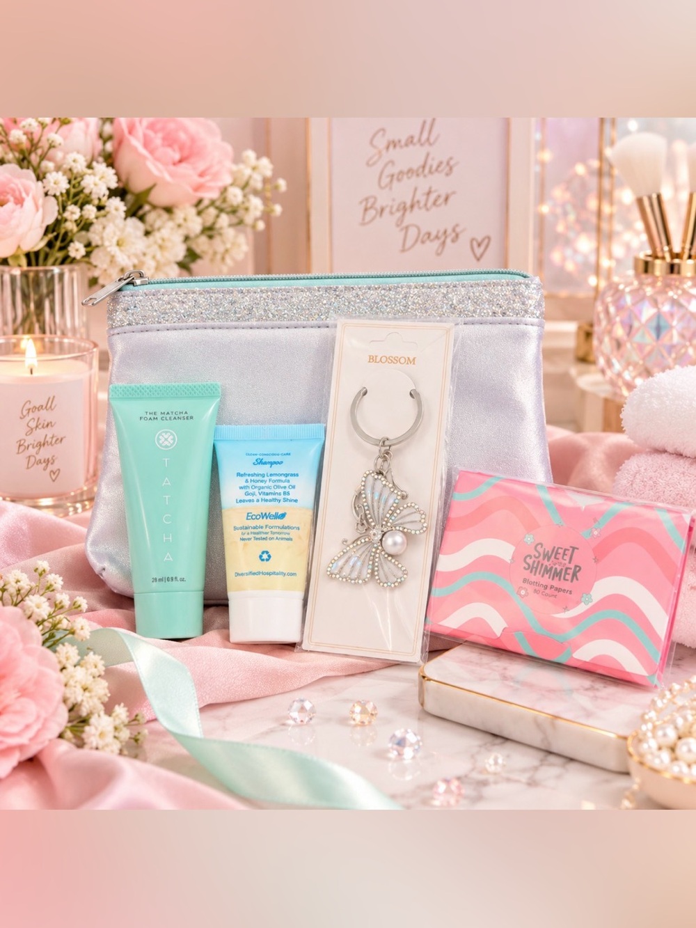 Silver Shimmer Cosmetic Bag with Keychain and Beauty Accessories